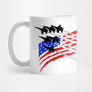 F18 Hornets flying across American Flag Mug